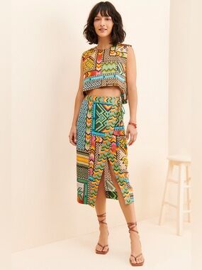 NWT Farm Rio Set Banana 100% Linen Crop Top + Midi Skirt XS